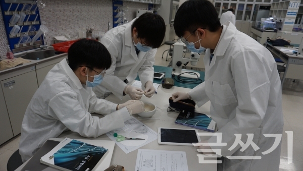충남삼성고 학생들이 과학실험을 하는 장면.