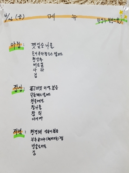 황성수 힐링스쿨 식단 예시.