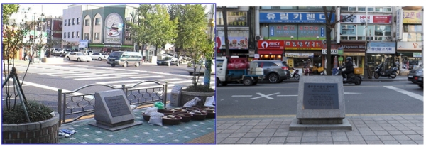 사진=서울 종로구 통인동 길가에 있는 세종대왕 나신 곳을 알리는 표지석(왼쪽)과 서울 중구 인현동 길가에 있는 이순신장군 생가터 표지석(오른쪽)이 덩그렇게 놓여있다. 참 부끄러운 일이다.
