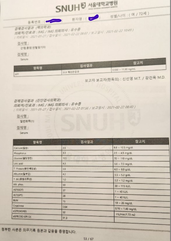 김모씨의 2021년 2월 22일 서울대병원 검진 자료