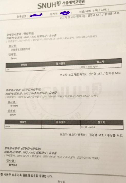 김모 씨의 2021년 4월 26일 서울대병원 검진 자료