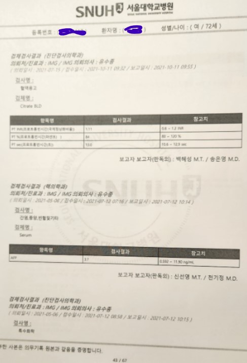 김모 씨의 2021년 10월 11일 서울대병원 검진 자료