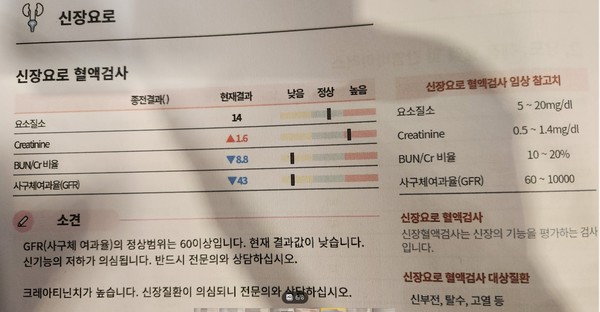 ▲물 마시기 전 크레아티닌 수치=1.6(2024년 7월 8일) ▲4개월 뒤 크레아티닌 수치=1.2(2024년 11월 7일)