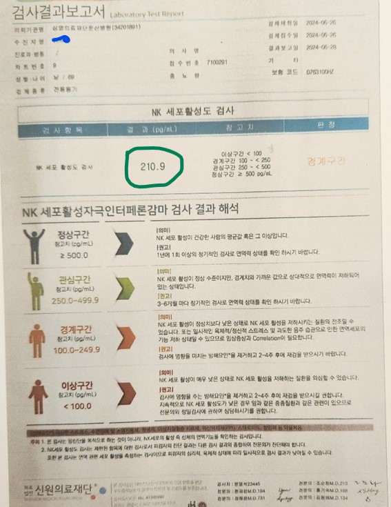 S씨는 2024년 6월 26일에 실시한 NK세포 활성도 검사에서 ‘210.9’란 경계구간의 결과를 받았다.