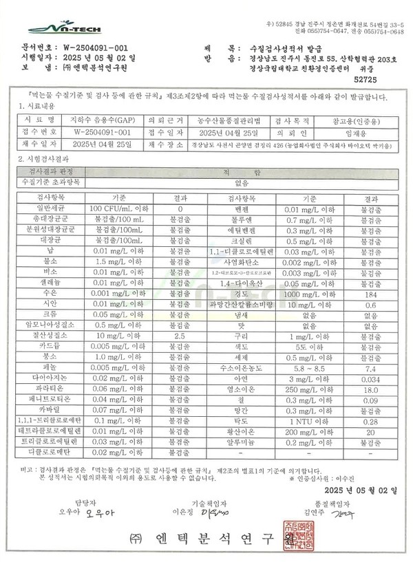 NK설포라를 생산하는 데 활용한 미네랄워터의 수질검사성적서