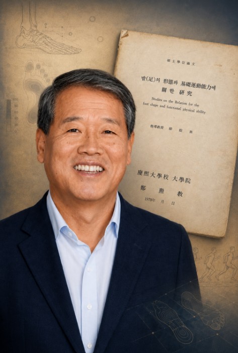 정훈교 교수와 그의 대학원생 시절 석사논문 「발의 형태와 기초운동능력에 관한 연구」 표지.