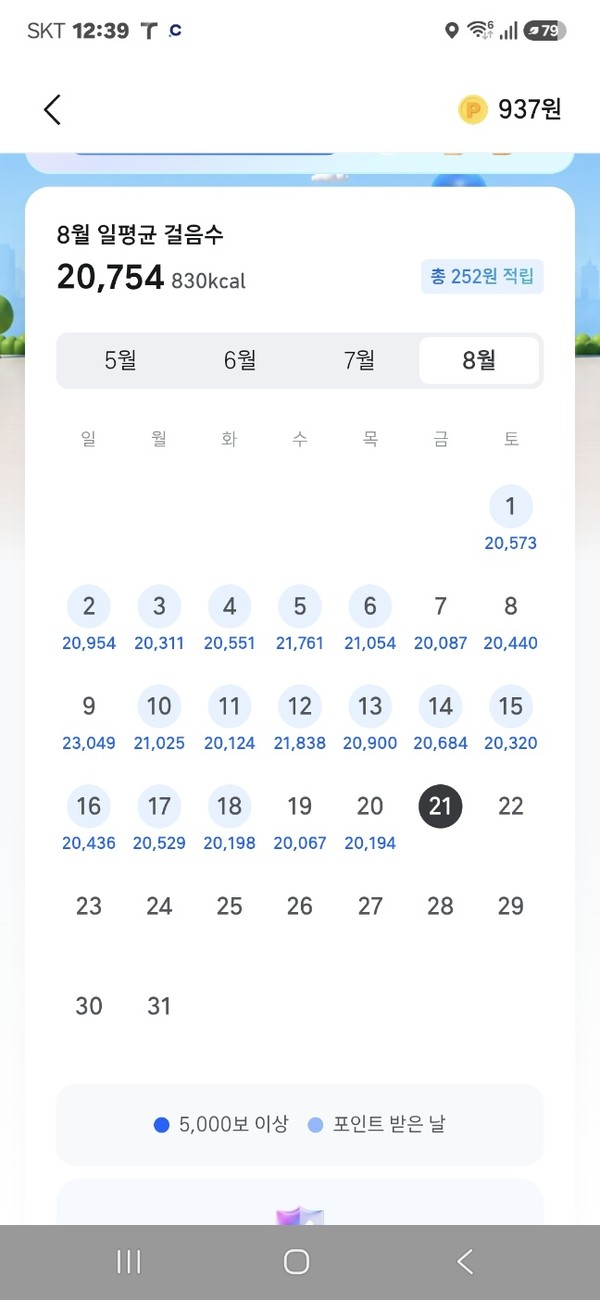 하루 걸음 수를 기록한 달력.